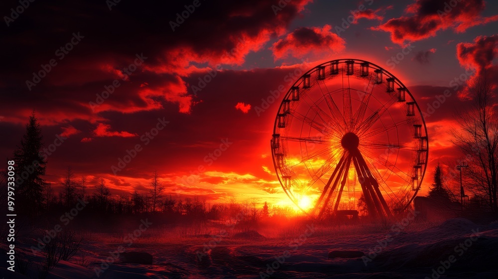 A glowing Ferris wheel stands tall against a fiery sunset sky. The scene symbolizes hope, dreams, adventure, and a new beginning. A glowing Ferris wheel stands tall against a fiery sunset sky. The scene symbolizes hope, dreams, adventure, and a new beginning.