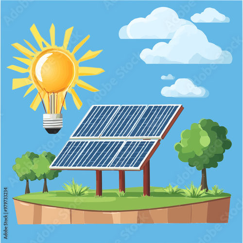 A vector illustration of solar panels absorbing sunlight with a lightbulb symbolizing energy, representing clean energy generation from solar power.