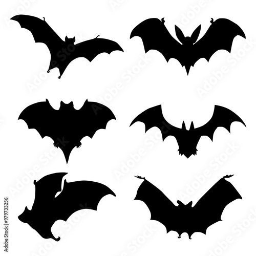 Black silhouette Halloween bat vector set.