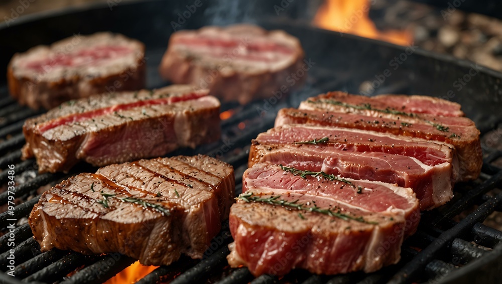 Grilling beef and bacon. Grilling beef and bacon.