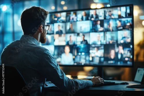 A man engages in a virtual meeting, focused on multiple video feeds on a large screen in a modern workspace.