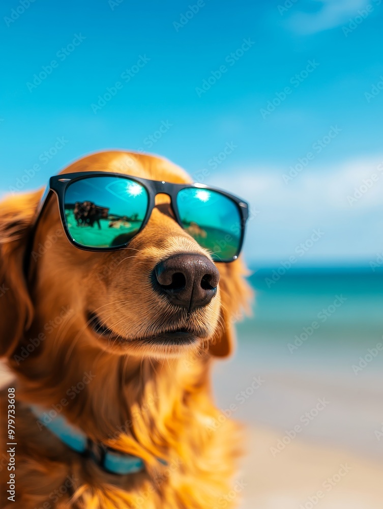 A golden retriever dog wearing sunglasses looks cool and relaxed on a sunny beach. This image is perfect for pet, summer, and vacation themes. A golden retriever dog wearing sunglasses looks cool and relaxed on a sunny beach. This image is perfect for pet, summer, and vacation themes.