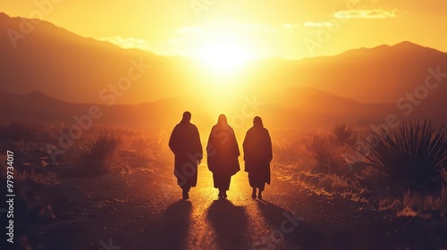Jesus walking along the road to Emmaus with two disciples, radiant light surrounding them, symbolizing revelation