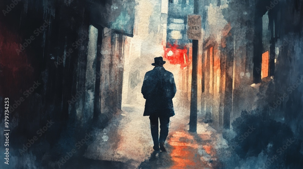 Obraz premium A lone detective walks through a dimly lit alleyway, the ominous atmosphere hinting at a hidden truth. An anonymous message, a sense of mystery, and a pursuit of justice.