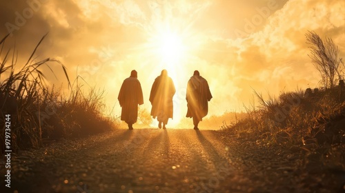 Jesus walking along the road to Emmaus with two disciples, radiant light surrounding them, symbolizing revelation