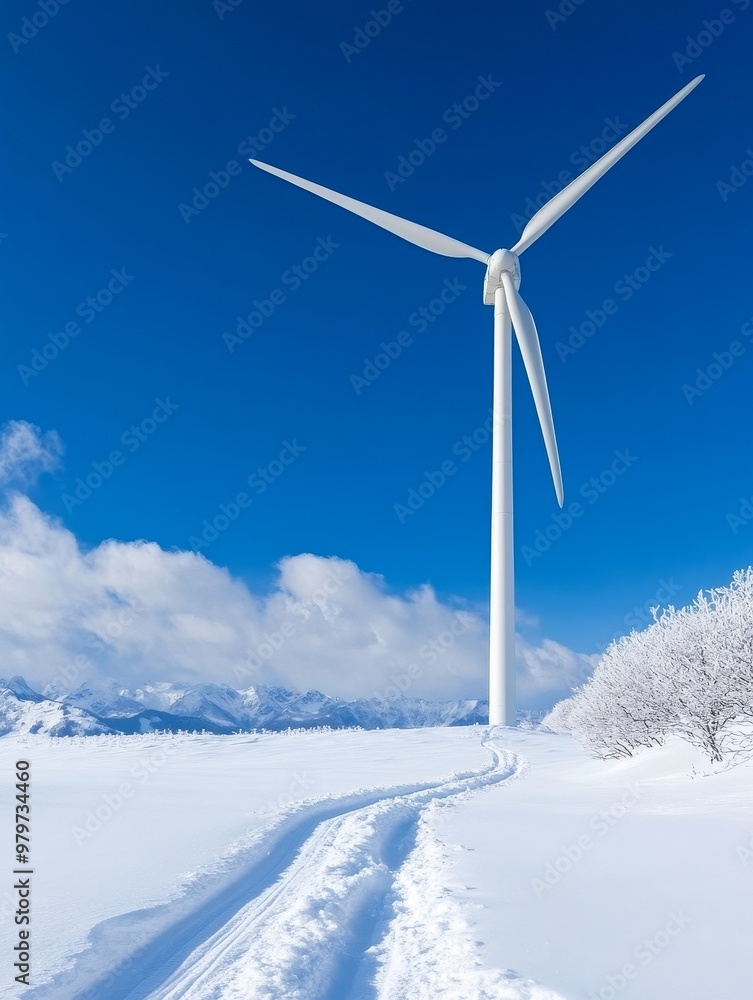 Fototapeta premium A lone wind turbine stands tall in a snowy landscape, with mountains in the background, symbolizing clean energy, renewable resources, winter, nature, and sustainability.