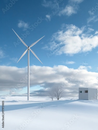 A lone windmill stands tall against a snowy backdrop, symbolizing renewable energy, sustainability, winter, clean energy, and nature.