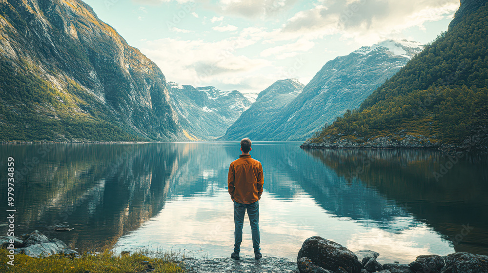A man stands on a rocky shore looking out at a large body of water A man stands on a rocky shore looking out at a large body of water