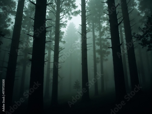 A dense forest shrouded in heavy mist, creating a mysterious and dark atmosphere that evokes feelings of mystery, isolation, and the ominous beauty of untouched nature. photo