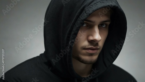 Hacker in a black hoodie on white, symbolizing digital privacy and security.