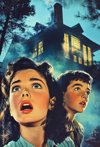 A vintage style  horror film poster featuring a freightened girl and boy. photo