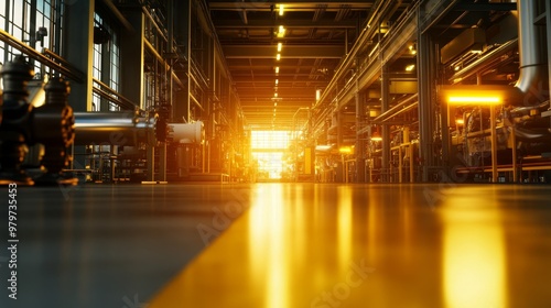 A modern industrial factory interior with sunlight streaming through the building, highlighting the sleek machinery and metal structures. This image embodies concepts of industry, technology, innovati