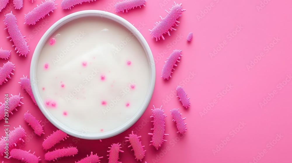 Probiotic-rich yogurt container with glowing microorganisms around it, promoting digestive wellness Probiotic-rich yogurt container with glowing microorganisms around it, promoting digestive wellness