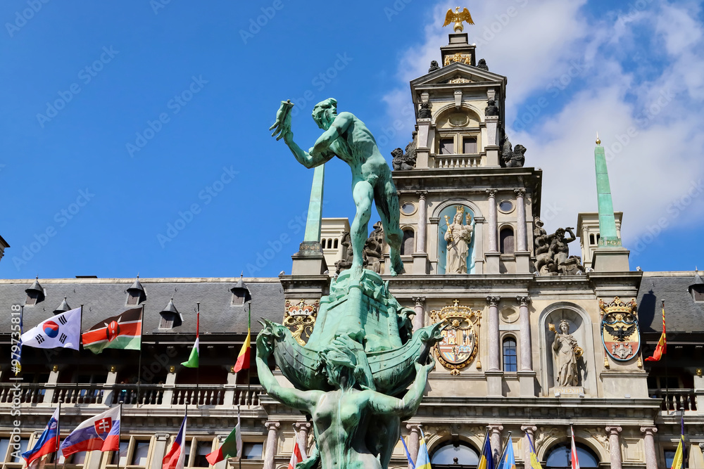 statue of Antwerp in front of city hall statue of Antwerp in front of city hall