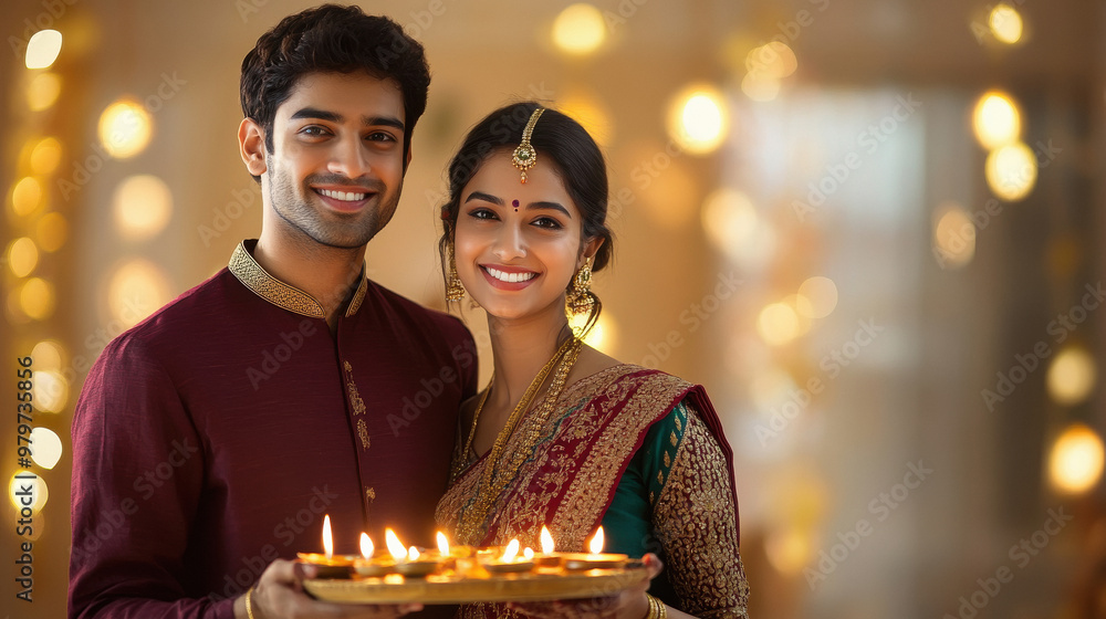young indian couple holding oil lamps plate young indian couple holding oil lamps plate