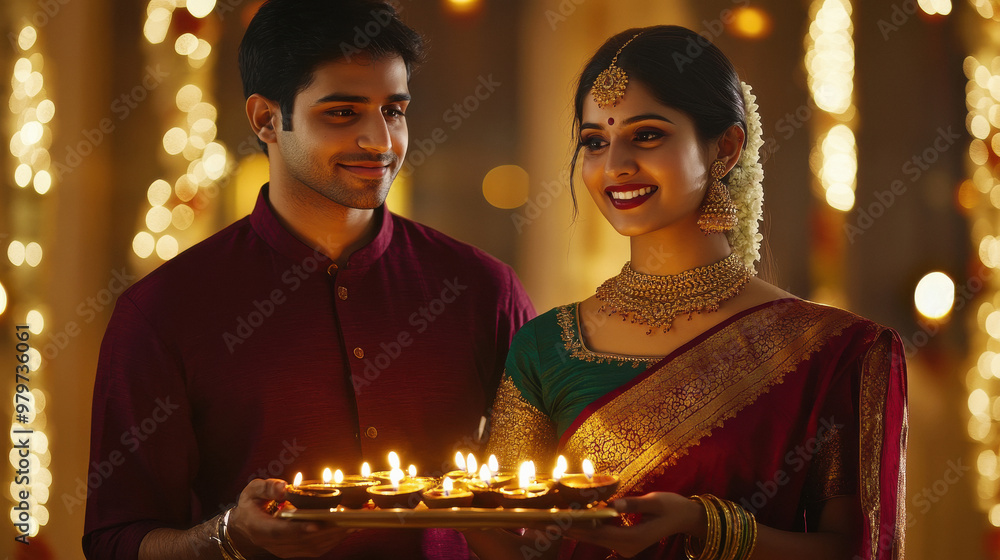 young indian couple holding oil lamps plate young indian couple holding oil lamps plate