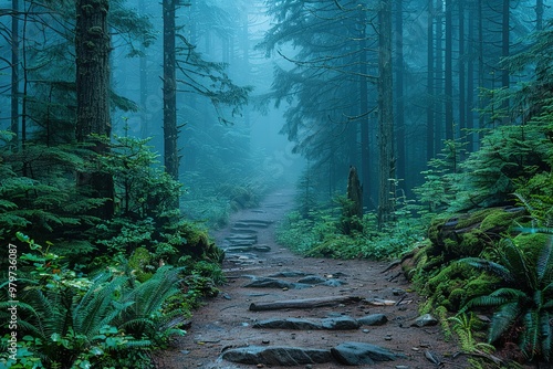 Fototapeta Naklejka Na Ścianę i Meble -  A forest path is shown in the rain, with trees on either side