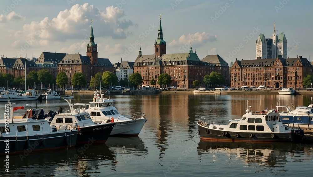 Hamburg harbor with boats and city buildings. Hamburg harbor with boats and city buildings.