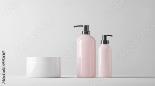 A set of three minimalist cosmetic bottles, including a jar and two pump bottles, perfect for showcasing your brand and product designs.