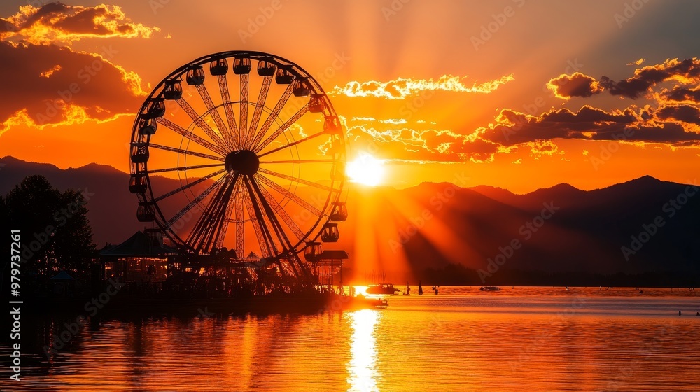 A silhouette of a Ferris wheel stands tall against a vibrant sunset over a lake. The image embodies amusement, adventure, and the beauty of nature. A silhouette of a Ferris wheel stands tall against a vibrant sunset over a lake. The image embodies amusement, adventure, and the beauty of nature.