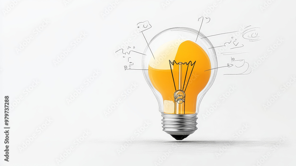 A single lightbulb with a glowing filament represents the lean startup concept. It symbolizes innovation, creativity, and the power of ideas. The surrounding sketches suggest a process of brainstormin A single lightbulb with a glowing filament represents the lean startup concept. It symbolizes innovation, creativity, and the power of ideas. The surrounding sketches suggest a process of brainstormin