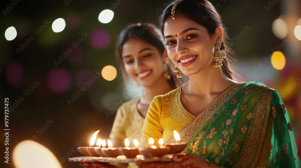 two indian woman celebrating Diwali with lighting oil lamps two indian woman celebrating Diwali with lighting oil lamps