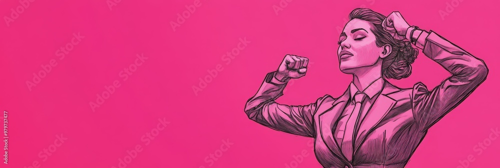A single-line pencil drawing of a confident businesswoman with her eyes closed, symbolizing strength, determination, relaxation, leadership, and success. A single-line pencil drawing of a confident businesswoman with her eyes closed, symbolizing strength, determination, relaxation, leadership, and success.