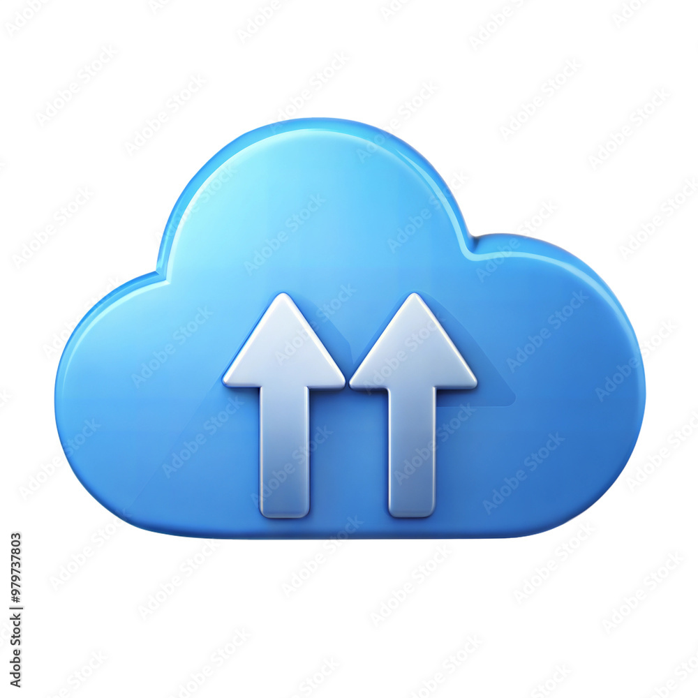 Blue cloud icon with upload arrows on a black background, cloud storage and internet technology. Blue cloud icon with upload arrows on a black background, cloud storage and internet technology.