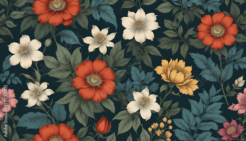 Seamless Vintage Botanical Pattern with Vibrant Flowers and Leaves – Timeless, Hand-Drawn Floral Illustrations for Wallpapers, Fabrics, and Decor, Perfect for Nature-Inspired Design Projects