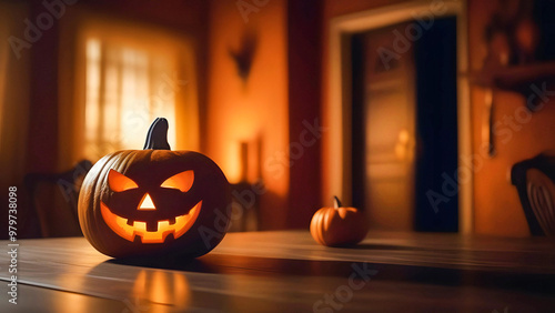 Spooky room in a haunted house with lit jack-o'-lantern photo