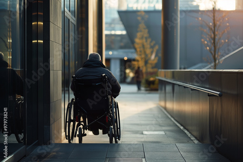 A person using a wheelchair ramp to enter a building