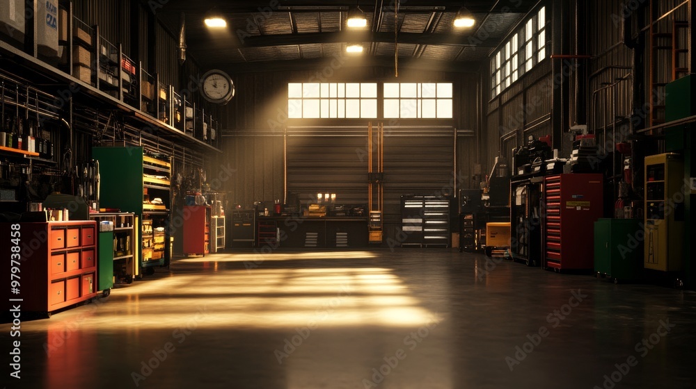 A spacious industrial workshop interior bathed in warm sunbeams, featuring rows of storage shelves, a workbench, and a clean concrete floor. This space evokes a sense of productivity, craftsmanship, a A spacious industrial workshop interior bathed in warm sunbeams, featuring rows of storage shelves, a workbench, and a clean concrete floor. This space evokes a sense of productivity, craftsmanship, a