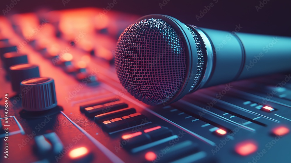 A microphone lying flat on top of an audio system, showcasing the smooth metallic surface and detailed mesh grille. A microphone lying flat on top of an audio system, showcasing the smooth metallic surface and detailed mesh grille.