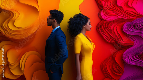 A striking portrait of a couple featuring vibrant colors, emotional connection, stylish attire, artistic composition, and modern elegance.