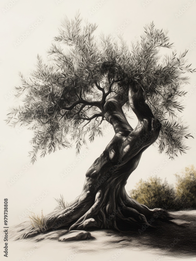 Fototapeta premium A stunning pencil drawing of a majestic olive tree, symbolizing strength, resilience, peace, wisdom, and longevity.