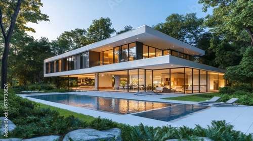 A stunning contemporary house design showcasing an open floor plan with large windows, a spacious pool, and lush greenery. This luxurious home embodies modern architecture, minimalist design, and outd photo