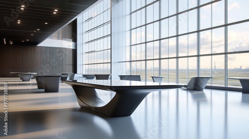 hyper modern tables in perpendicular and grid formation office layout large windows set design tech company