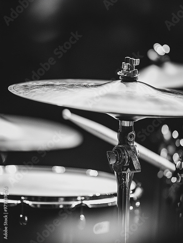 photograph cinematic view of drum set, close up, blurred background, greyscale