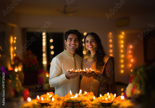 young indian couple holding oil lamps plate photo