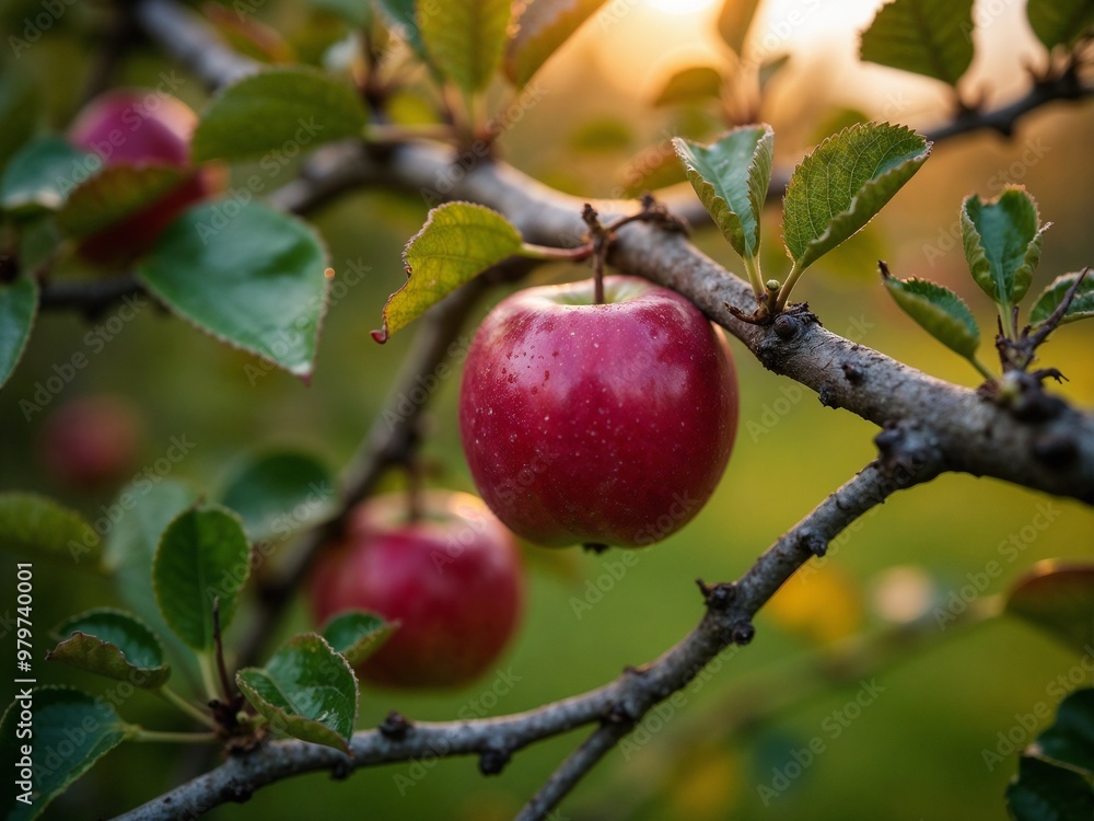 A picturesque shot of ripe, red apples delicately hanging on a tree branch, bathed in the warm sunlight of a lush orchard, representing the bounty of nature. A picturesque shot of ripe, red apples delicately hanging on a tree branch, bathed in the warm sunlight of a lush orchard, representing the bounty of nature.