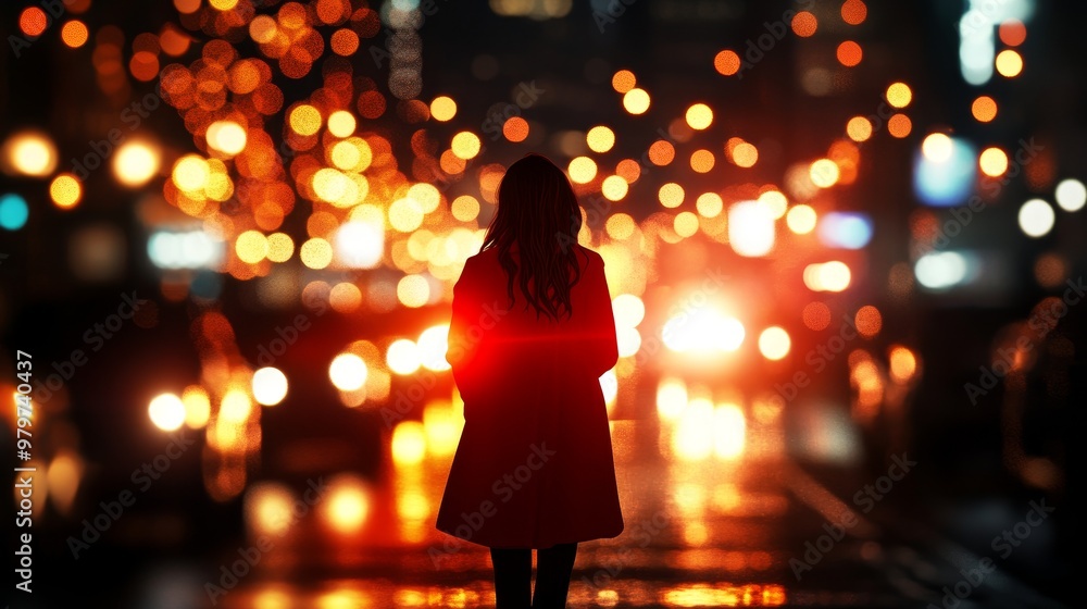 A woman in a red coat stands in a city street at night, surrounded by glowing street lights. Her back is to the viewer, and she looks towards the lights, creating a sense of hope and possibility. A woman in a red coat stands in a city street at night, surrounded by glowing street lights. Her back is to the viewer, and she looks towards the lights, creating a sense of hope and possibility.
