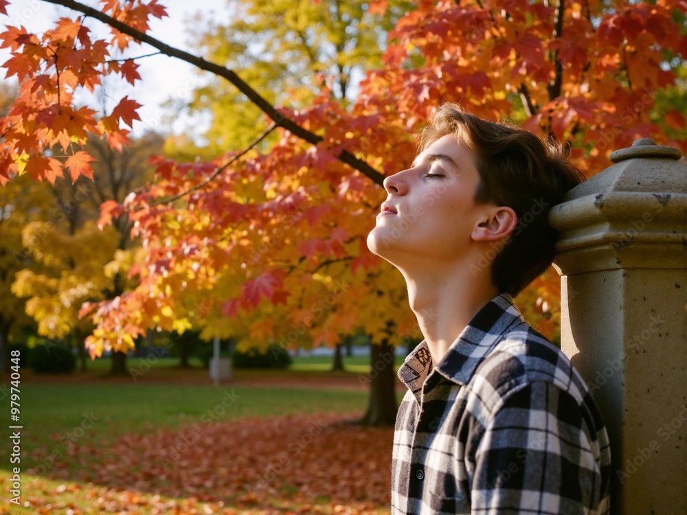 A person wearing a checkered shirt leans against a post, enjoying the beautiful autumn scenery with vibrant orange, red, and yellow leaves falling around them in a park setting. A person wearing a checkered shirt leans against a post, enjoying the beautiful autumn scenery with vibrant orange, red, and yellow leaves falling around them in a park setting.