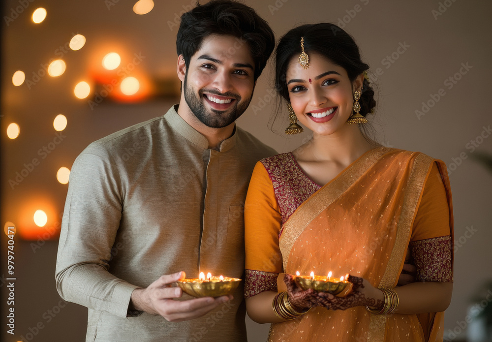 young indian couple holding oil lamps plate young indian couple holding oil lamps plate
