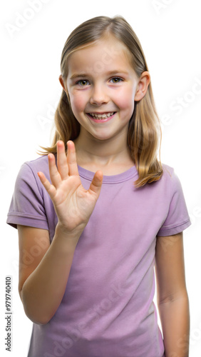 Smiling young girl waving with one hand on a black background, cheerful portrait of a child. photo