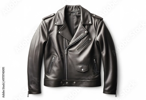 Mens black leather jacket isolated on white background. 