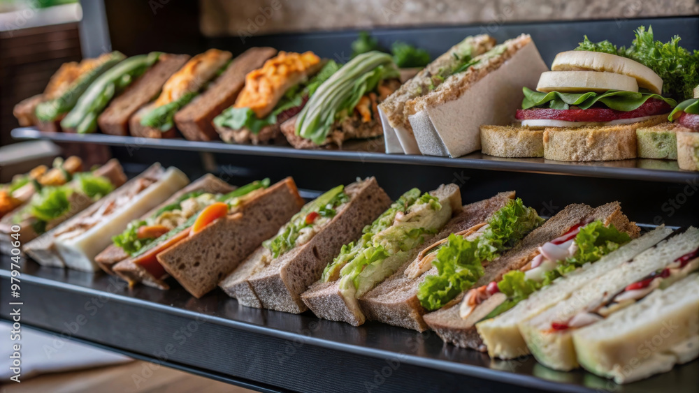 A selection of sandwiches with various fillings, showcasing colorful array of ingredients and textures. Perfect for light meal or snack, these sandwiches are visually appealing and delicious A selection of sandwiches with various fillings, showcasing colorful array of ingredients and textures. Perfect for light meal or snack, these sandwiches are visually appealing and delicious