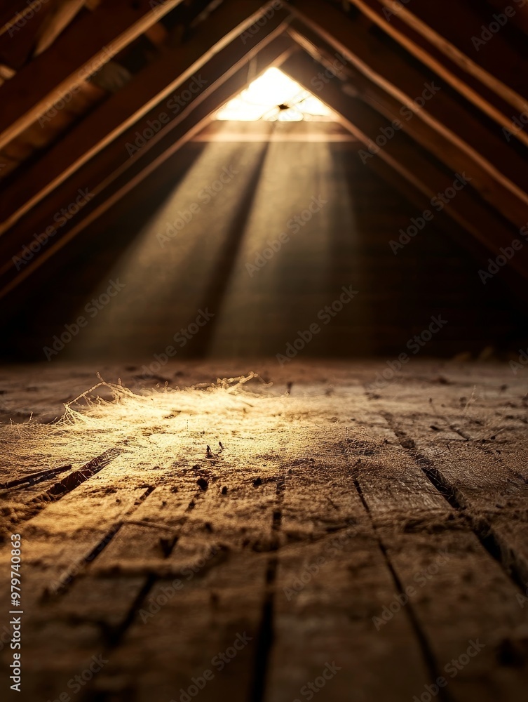 Abandoned attic with cobwebs and dust, sunbeams streaming through a small window in the roof. The attic is dusty and forgotten, with beams of light illuminating the cobwebs. Abandoned attic with cobwebs and dust, sunbeams streaming through a small window in the roof. The attic is dusty and forgotten, with beams of light illuminating the cobwebs.