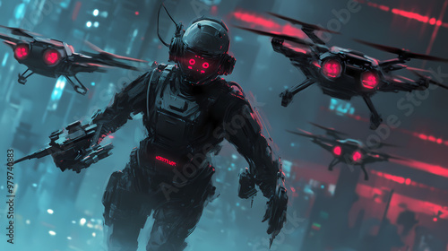 Mercenary leading a drone squadron in a corporate warfare scenario equipped with cybernetic enhancements. Drone. Illustration photo