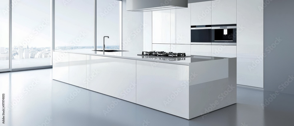 A minimalist kitchen with an island featuring a built-in stove, high-gloss cabinets, and under-cabinet lighting, offering a clean and futuristic cooking space A minimalist kitchen with an island featuring a built-in stove, high-gloss cabinets, and under-cabinet lighting, offering a clean and futuristic cooking space