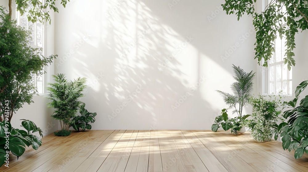 Fototapeta premium Bright and airy indoor space with natural light, featuring elegant plants and wooden flooring, perfect for serene environments.